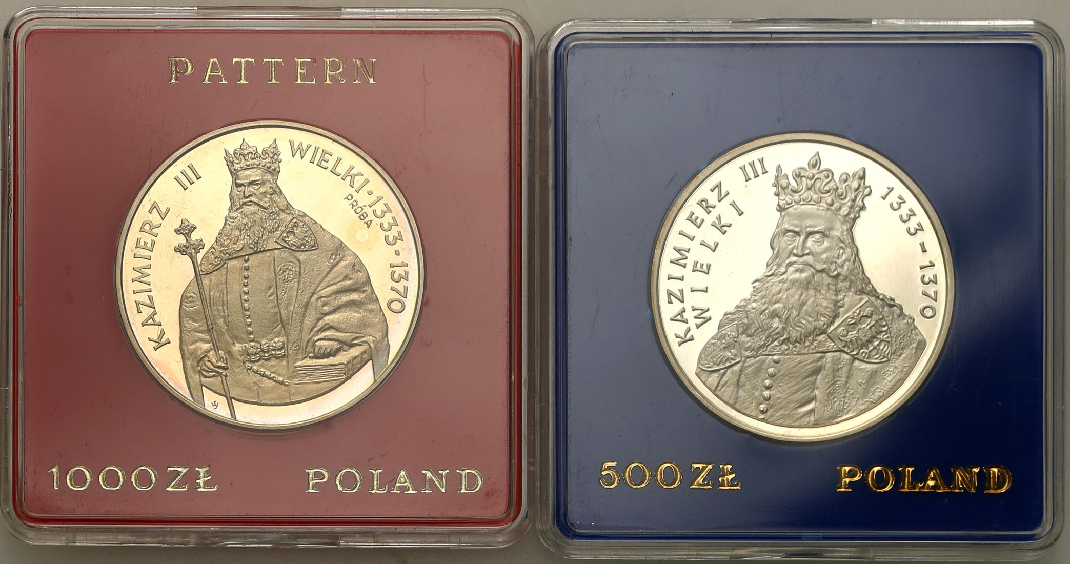 PRL. 1000 złotych (PRÓBA srebro) + 500 złotych 1987 Kazimierz Wielki, popiersie i półpostać